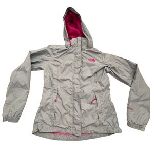 The North Face HyVent Rain Jacket Girls L Grey Pink Hooded Windbreaker Gorpcore
